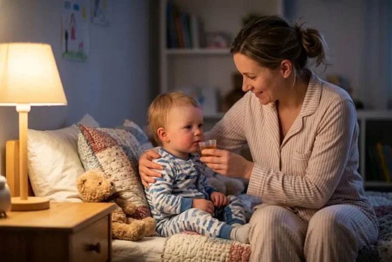 Cuidadora ou mãe oferecendo soro de reidratação oral em pequenas doses para criança doente na cama durante a noite.