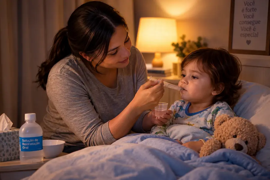 Cuidadora ou mãe em pijama oferecendo reidratação oral para criança doente no quarto à noite com iluminação suave.