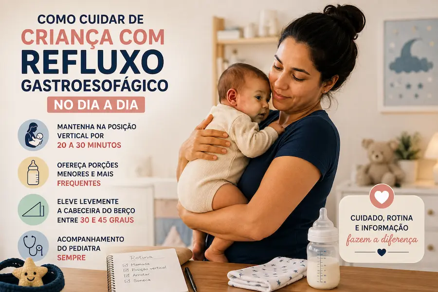 Babá segurando bebê após a mamada, com orientações para cuidados de criança com refluxo gastroesofágico no dia a dia.