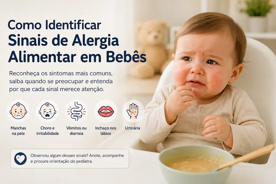 Bebê sentado em cadeira de alimentação com manchas avermelhadas no rosto após a introdução de um novo alimento, ilustrando os principais sinais de alergia alimentar em bebês.