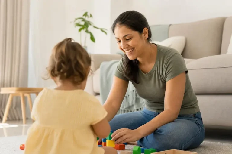 Babá profissional cuidando e brincando com uma criança em casa