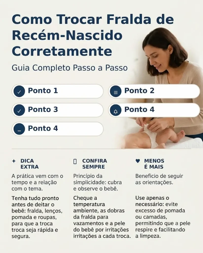 como-trocar-fralda-de-recem-nascido-corretamente Infográfico explicativo sobre como trocar fralda de recém-nascido corretamente, mostrando uma mãe trocando a fralda do bebê ao lado de dicas de higiene, segurança e praticidade.