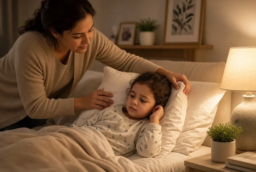 Mãe elevando a cabeça de criança com otite usando travesseiros para aliviar a dor durante o descanso em casa, em um quarto aconchegante à noite.