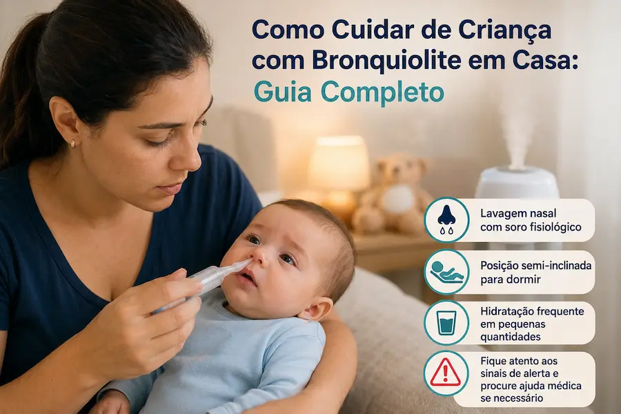 Mãe cuidando de bebê com bronquiolite durante a noite em casa