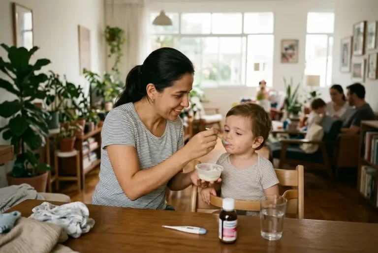 Uma mulher sorridente com uma blusa listrada está dando uma colherada de comida na boca de um bebê que está sentado em um cadeirão de madeira. O bebê tem pequenas erupções cutâneas vermelhas no rosto. Na mesa de madeira à frente deles, há um termômetro digital, um frasco de xarope de medicamento e um copo de água. O ambiente é uma sala de estar com muitas plantas e grandes janelas, e há um casal com outro bebê desfocado no fundo.