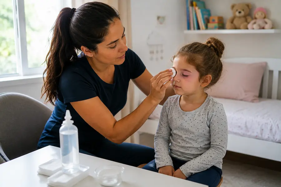 Babá higieniza cuidadosamente o olho de uma criança com gaze e soro fisiológico