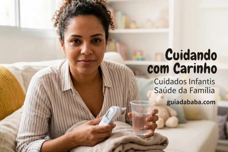 Uma mulher com cabelo cacheado preso e camisa listrada está sentada em um sofá, olhando para a câmera com uma expressão serena. Ela segura um cobertor dobrado no colo, um termômetro digital na mão direita e um copo de água na mão esquerda. No canto superior direito, há o texto 'Cuidando com Carinho', seguido de 'Cuidados Infantis' e 'Saúde da Família', e o site 'guiadababa.com' abaixo. O fundo é uma sala de estar acolhedora e desfocada.