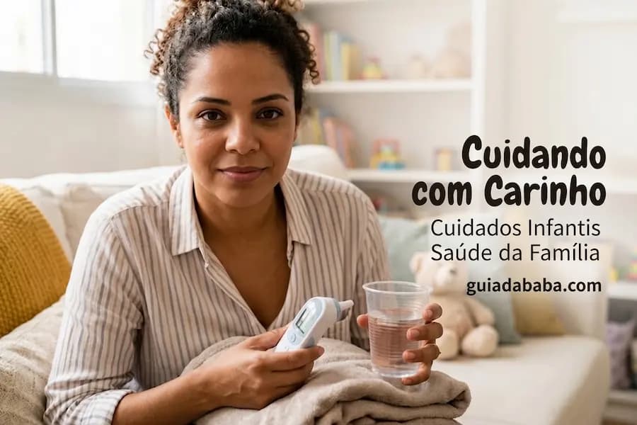 Uma mulher com cabelo cacheado preso e camisa listrada está sentada em um sofá, olhando para a câmera com uma expressão serena. Ela segura um cobertor dobrado no colo, um termômetro digital na mão direita e um copo de água na mão esquerda. No canto superior direito, há o texto 'Cuidando com Carinho', seguido de 'Cuidados Infantis' e 'Saúde da Família', e o site 'guiadababa.com' abaixo. O fundo é uma sala de estar acolhedora e desfocada.