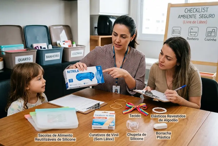Uma mulher e uma profissional orientam uma mãe sobre substitutos seguros sem látex, como luvas de nitrila, chupeta de silicone, borracha plástica e curativos de vinil dispostos sobre a mesa.