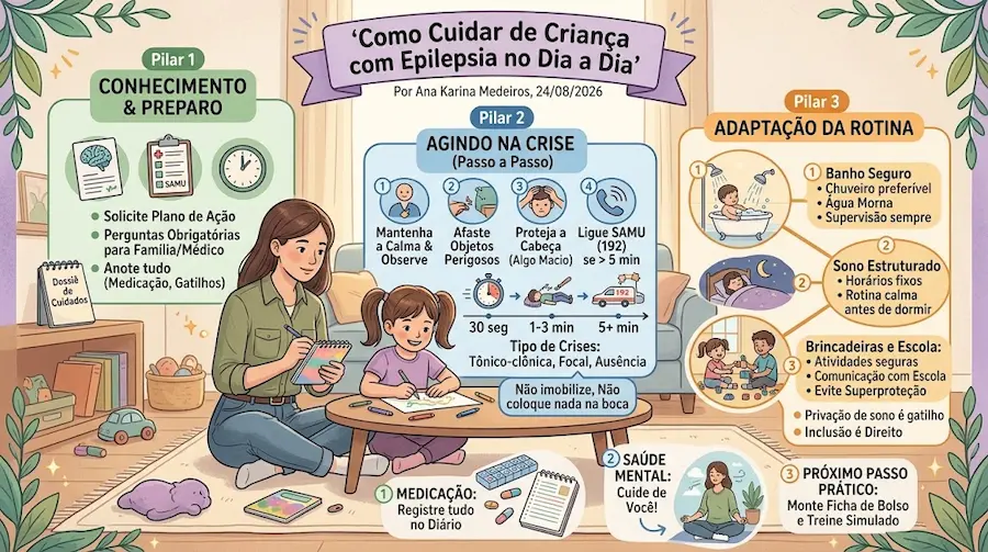 Um infográfico ilustrado e acolhedor intitulado 'Como Cuidar de Criança com Epilepsia no Dia a Dia'. Mostra três pilares principais dispostos em colunas: Pilar 1 (Conhecimento & Preparo) com foco no plano de ação e diário; Pilar 2 (Agindo na Crise) detalhando o passo a passo com cronômetro e ações de segurança; e Pilar 3 (Adaptação da Rotina) cobrindo banho, sono e escola. No centro, uma cuidadora anota em um caderno enquanto uma menina desenha. O estilo é de desenho limpo com cores suaves e ícones informativos.