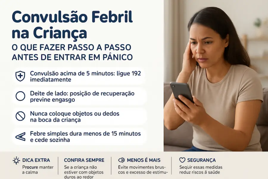 Infográfico sobre convulsão febril em crianças ao lado da foto de uma mulher apreensiva olhando para o celular. O card traz passos essenciais: ligar para o 192 se durar mais de 5 minutos, deitar a criança de lado e nunca colocar dedos ou objetos na boca.