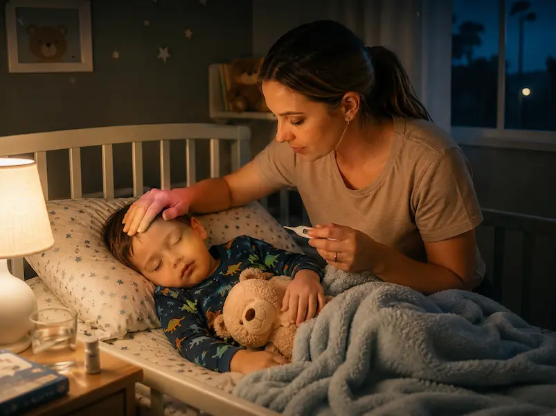 Mãe ou cuidadora de pijama listrado segurando um termômetro digital perto do corpo de um bebê dormindo em um berço de madeira à noite, com luz de abajur suave no fundo.