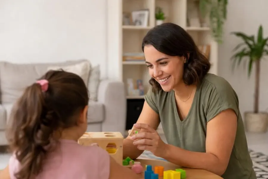 Babá sorridente brincando com criança em casa, tema do artigo quanto pagar de babá por hora em 2026