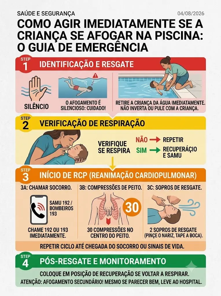 como-agir-se-crianca-se-afogar-na-piscina Ilustração sobre segurança infantil na piscina com boia de salvamento vermelha e painel informativo de primeiros socorros.
